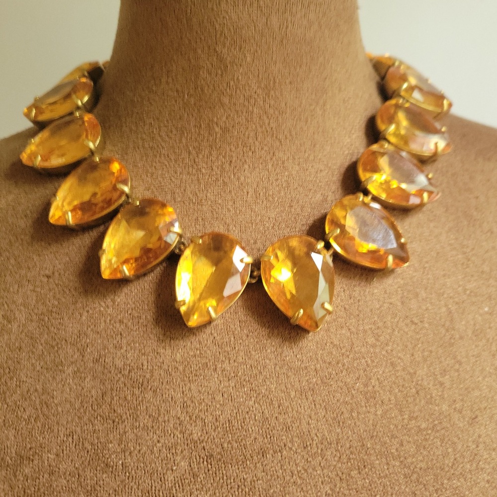 J Crew Amber Faceted Pear Crystal Statement Necklace Gold Tone Adjustable 19.5"